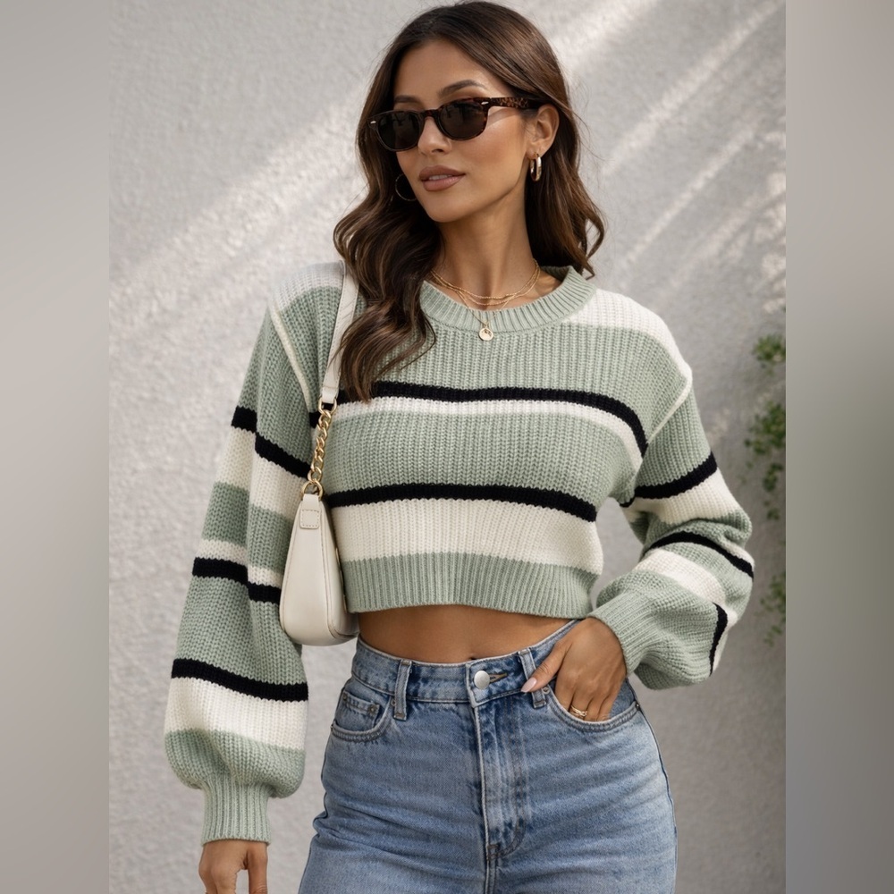 Salanta Mint Green and White Striped Crew Neck Sweater
